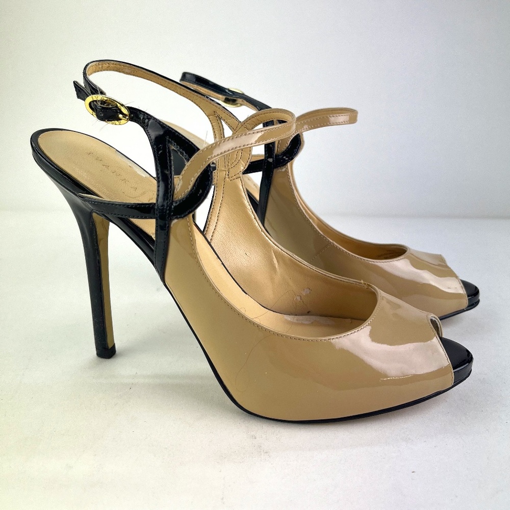 Ivanka Trump Patent Leather Peep Toe Stiletto Heels Tan Beige Black - READ